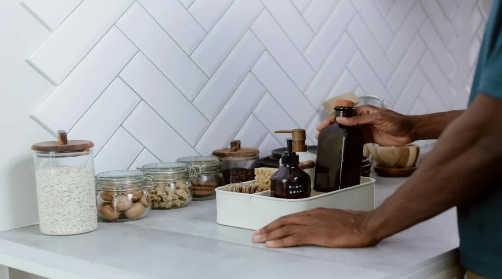 Reusable items easy to reach on a kitchen counter for stronger daily sustainability habits