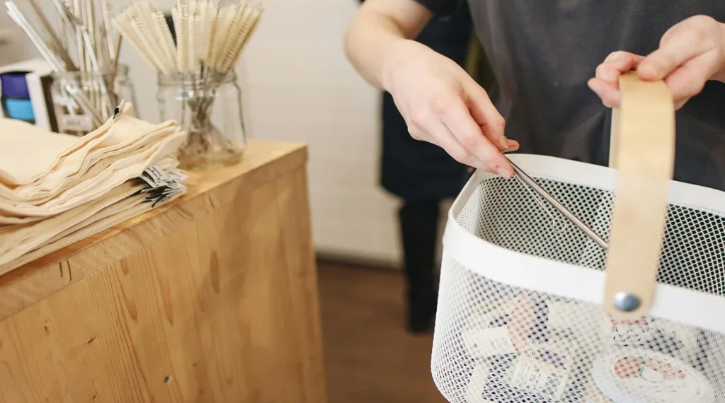 Reusable items easy to reach near a doorway to support daily sustainability habits