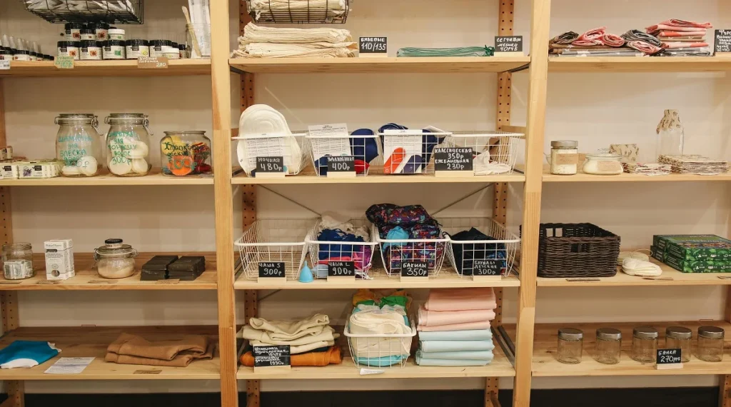 Reusable items easy to reach on open shelves to help lower household waste