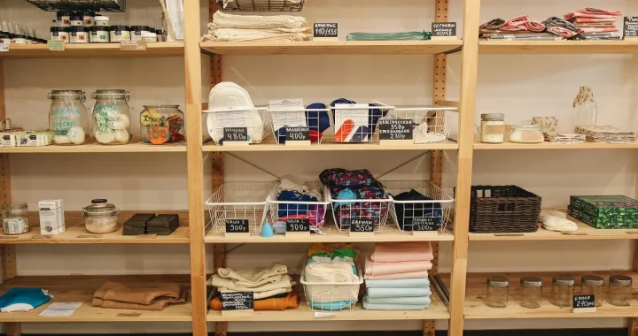 Reusable items easy to reach on open shelves to help lower household waste